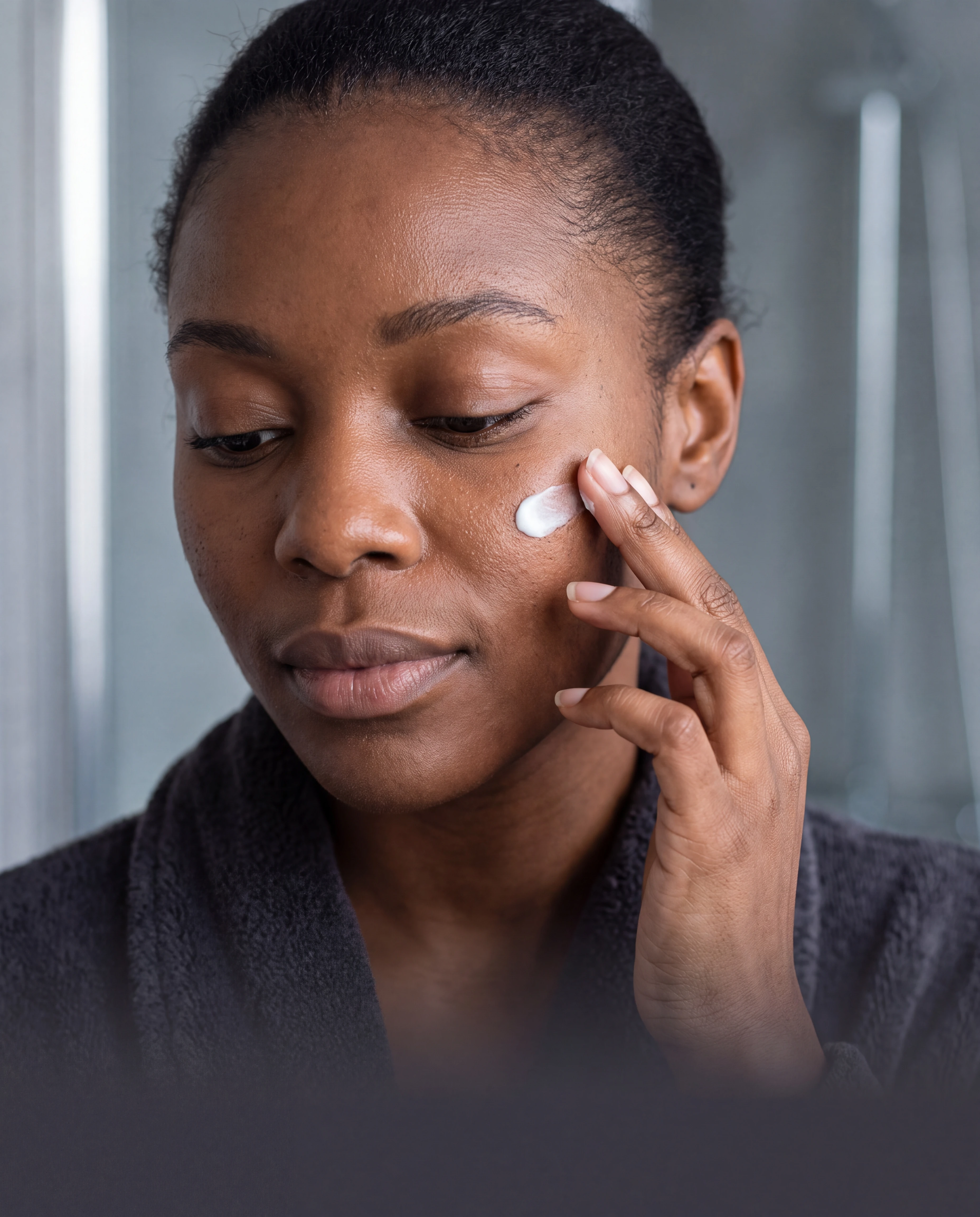 A woman gently applying cream to her cheek as part of her skincare ritual