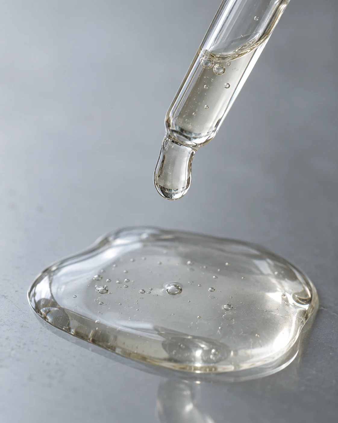 Serum texture study: a clear glass pipette and a small pool of translucent serum