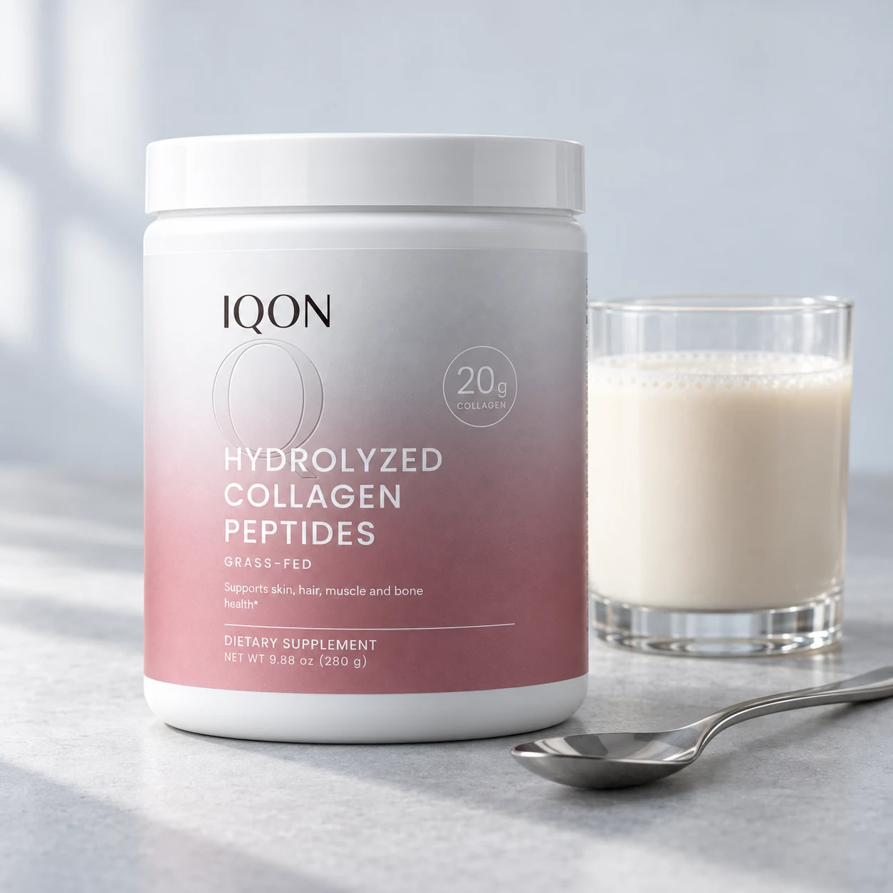 IQON Hydrolyzed Collagen Peptides beside a chilled drink