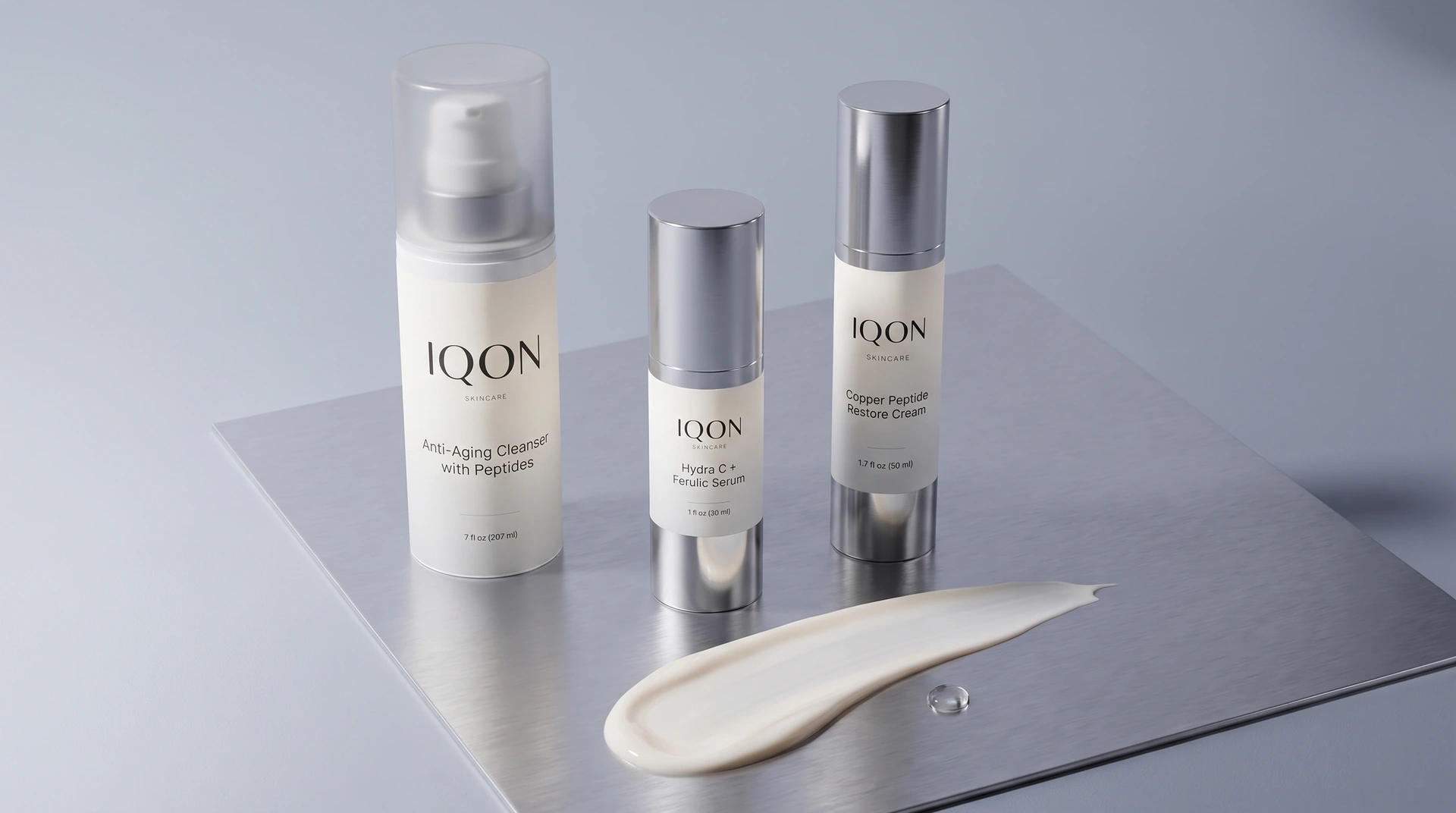 IQON Anti-Aging Cleanser with Peptides, Hydra C + Ferulic Serum and Copper Peptide Restore Cream