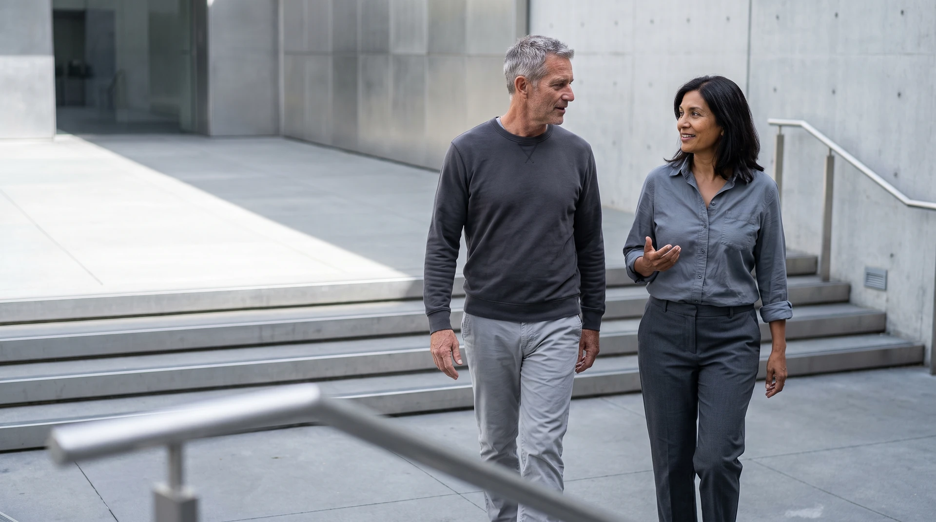 Two adults walking together beside a concrete building
