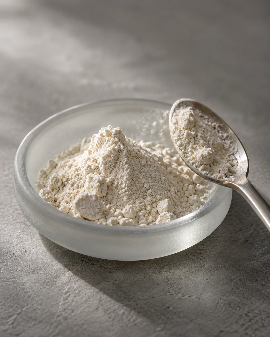 Pale ivory powder in a frosted glass dish with a small silver spoon