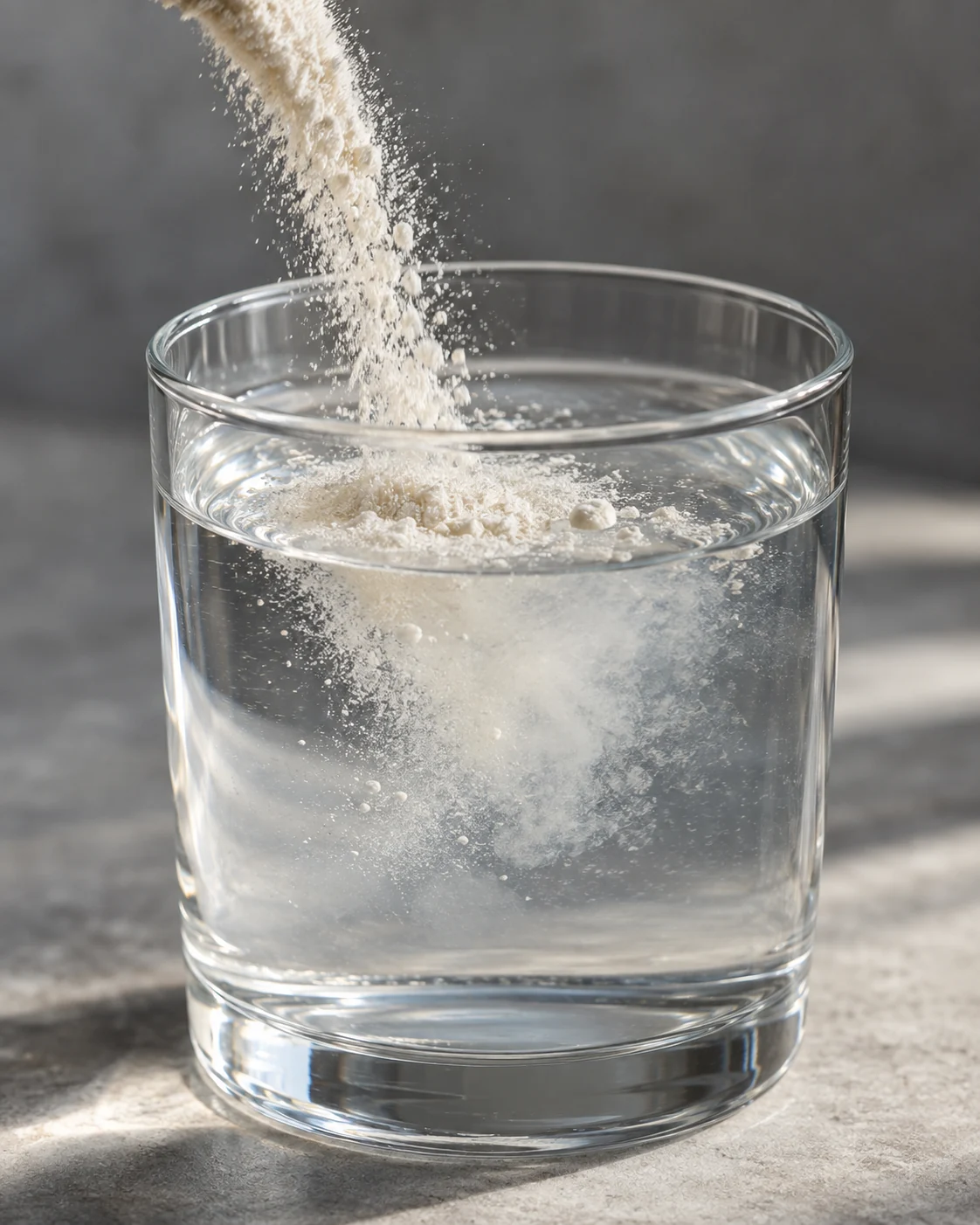 Unflavored powder falling into a clear glass of water with a softly clouded surface