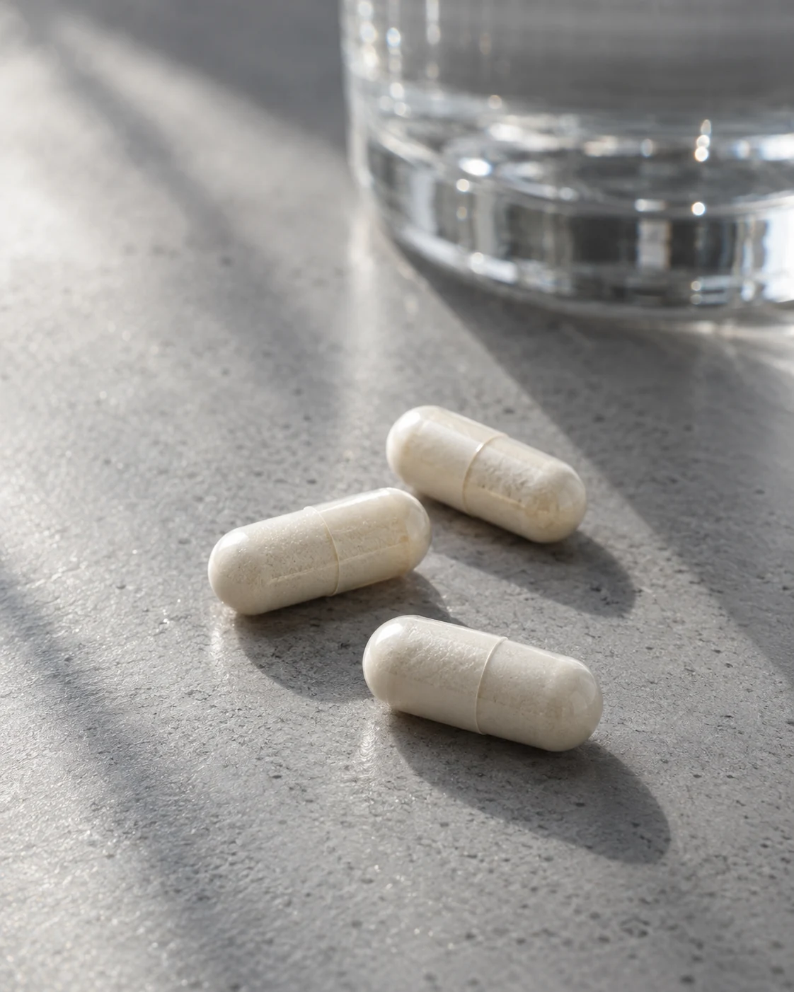 Ivory two-piece capsules on a cool gray ceramic surface in soft daylight