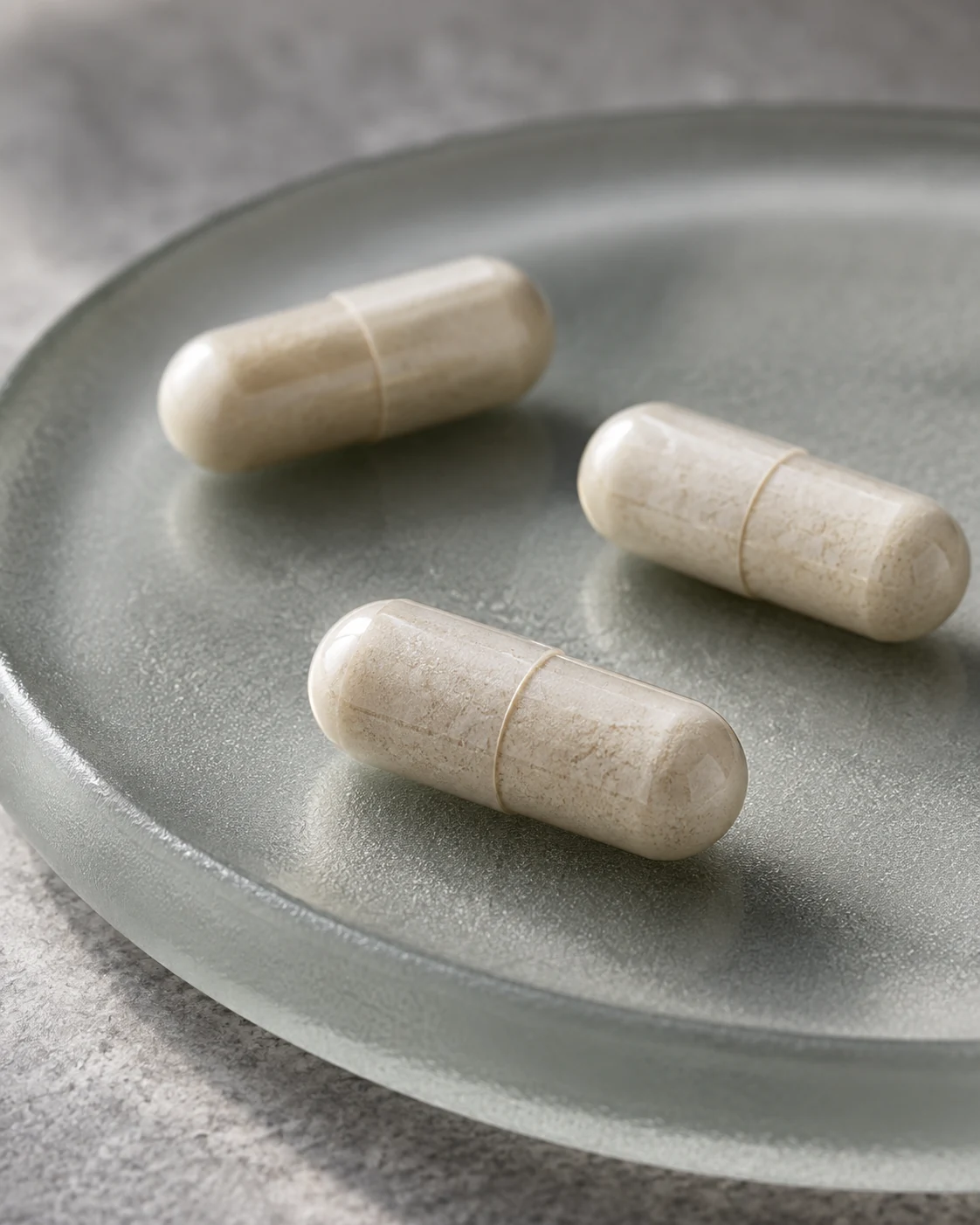 Ivory capsules on a muted sage-gray frosted glass plate with soft natural shadows