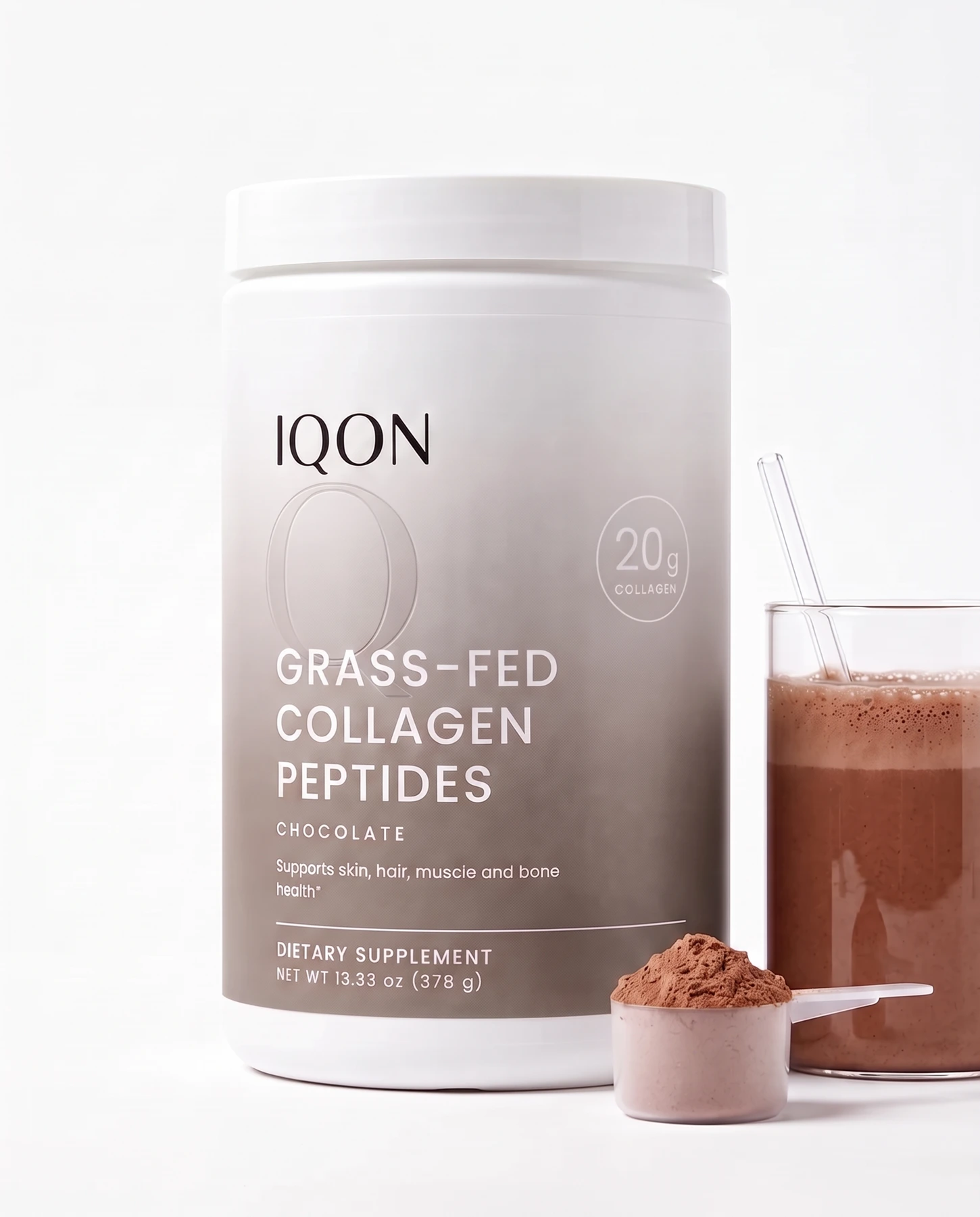 IQON Chocolate Collagen Peptides with a scoop of powder