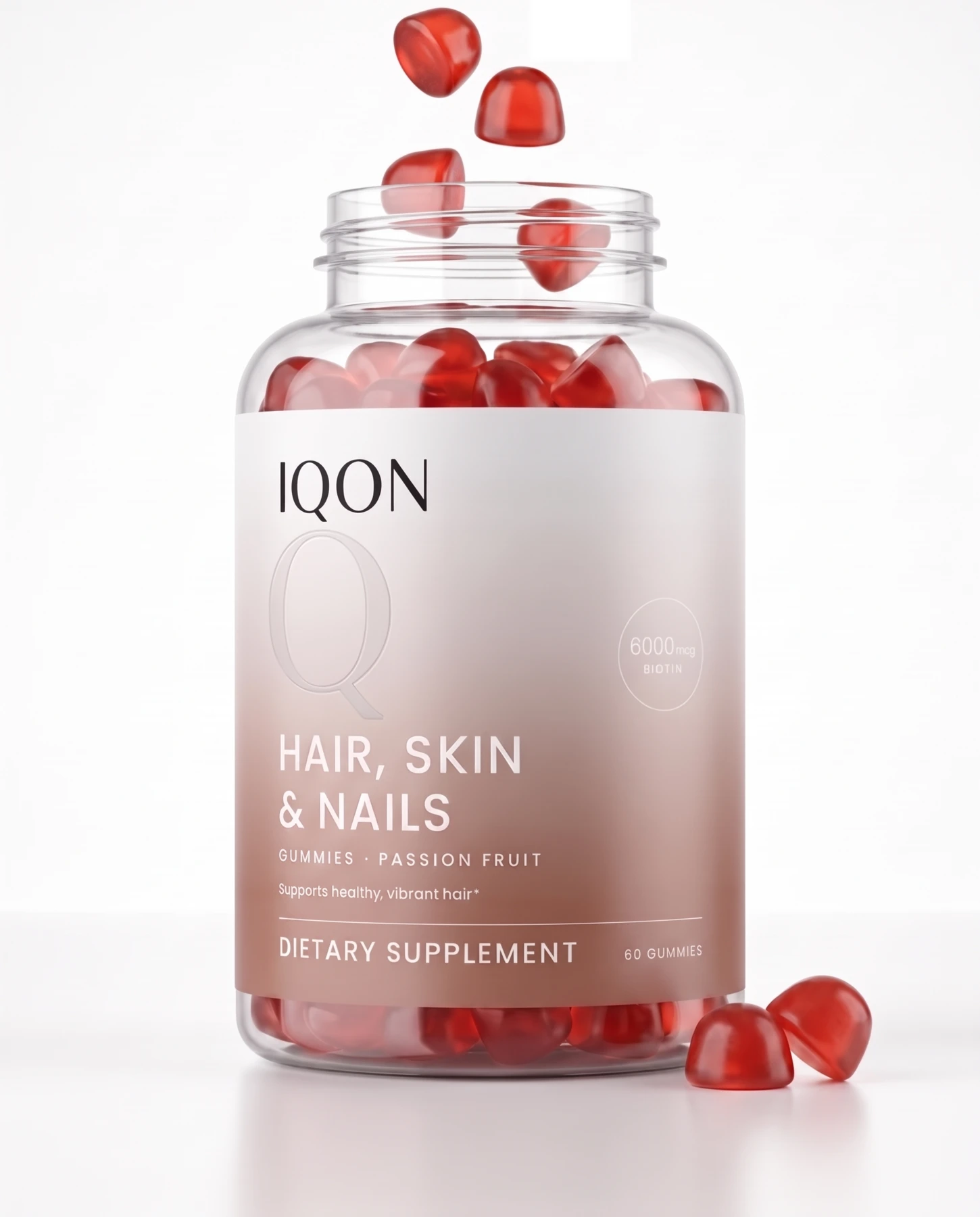IQON Hair, Skin and Nails Gummies bottle showing the chewable format