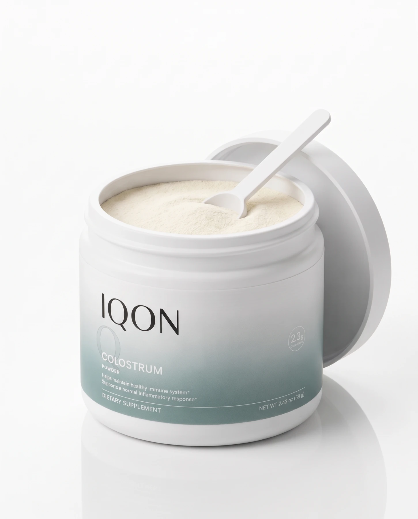 Open IQON Colostrum Powder jar and scoop